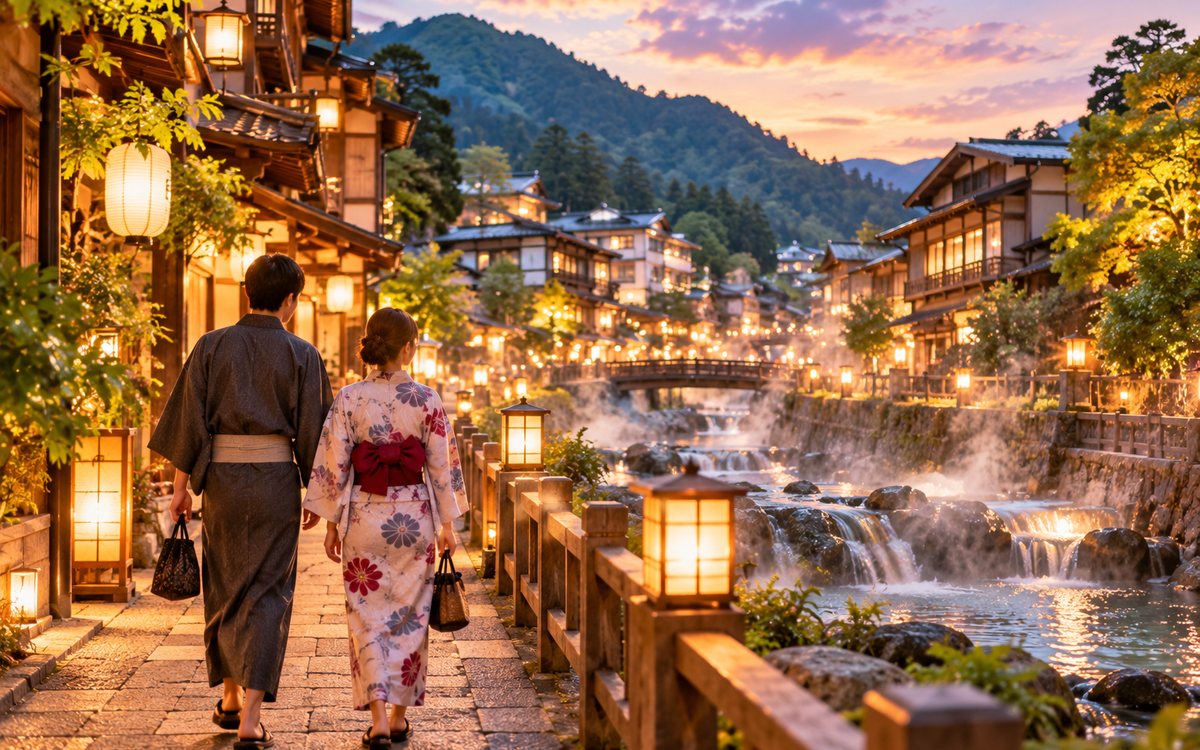 湯けむりの温泉街のイメージ
