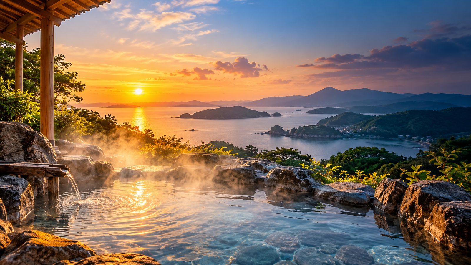 九州の温泉街と海の風景