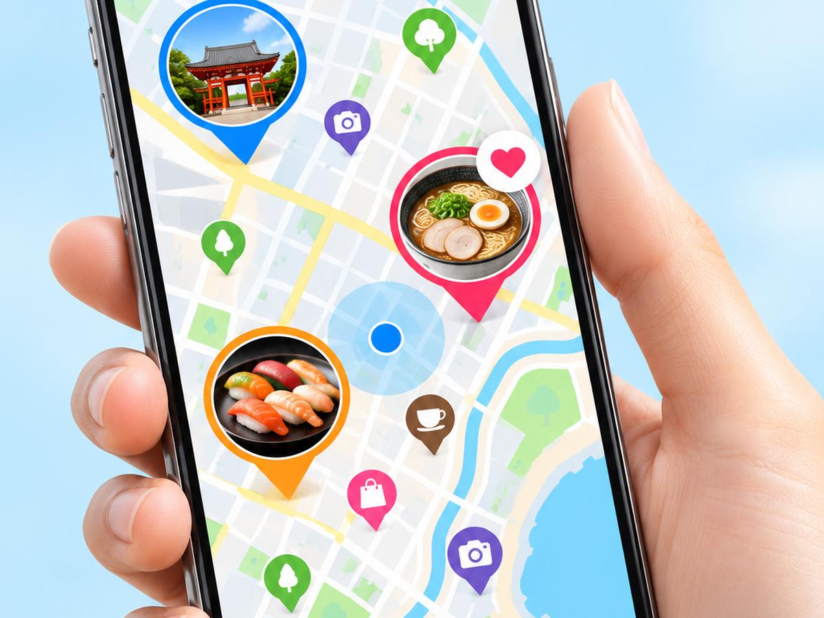 近くのお店や観光地を地図で見るイラスト
