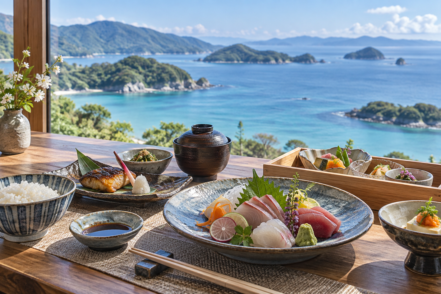 海を望む食卓と和食のイメージ